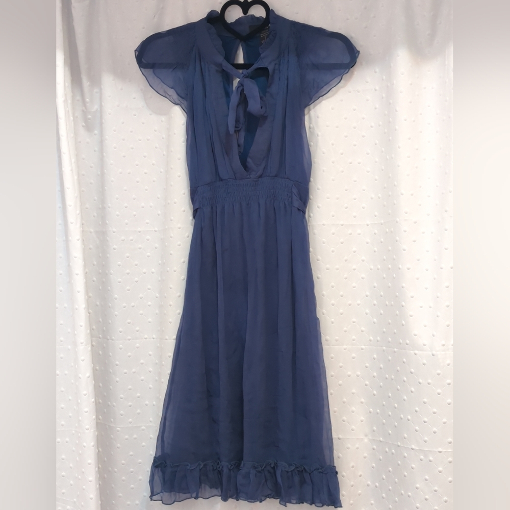 Chic Navy 100 Percent Silk Dress With Tie Ruffles Cottage Core